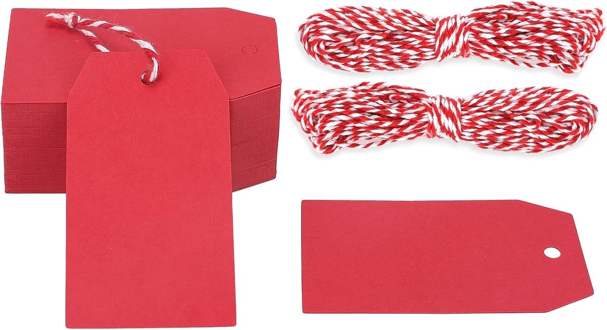 SnelShoppen - Pack van 100 Kraft Papieren Labels 4cm x 7cm met Jute Koord voor Handgemaakte Cadeaus, Trouwen, Kerst, Bedankjes, Rood
