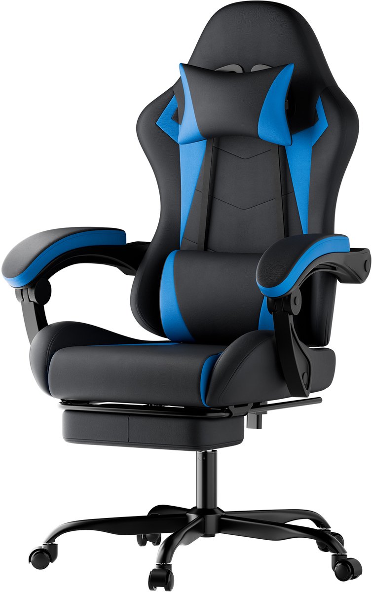 Ergonomische gamingstoel - Met lendensteun en hoofdsteun - Hoogteverstelbaar - Voor alle leeftijden - Zwart-blauw - Optimale zithouding