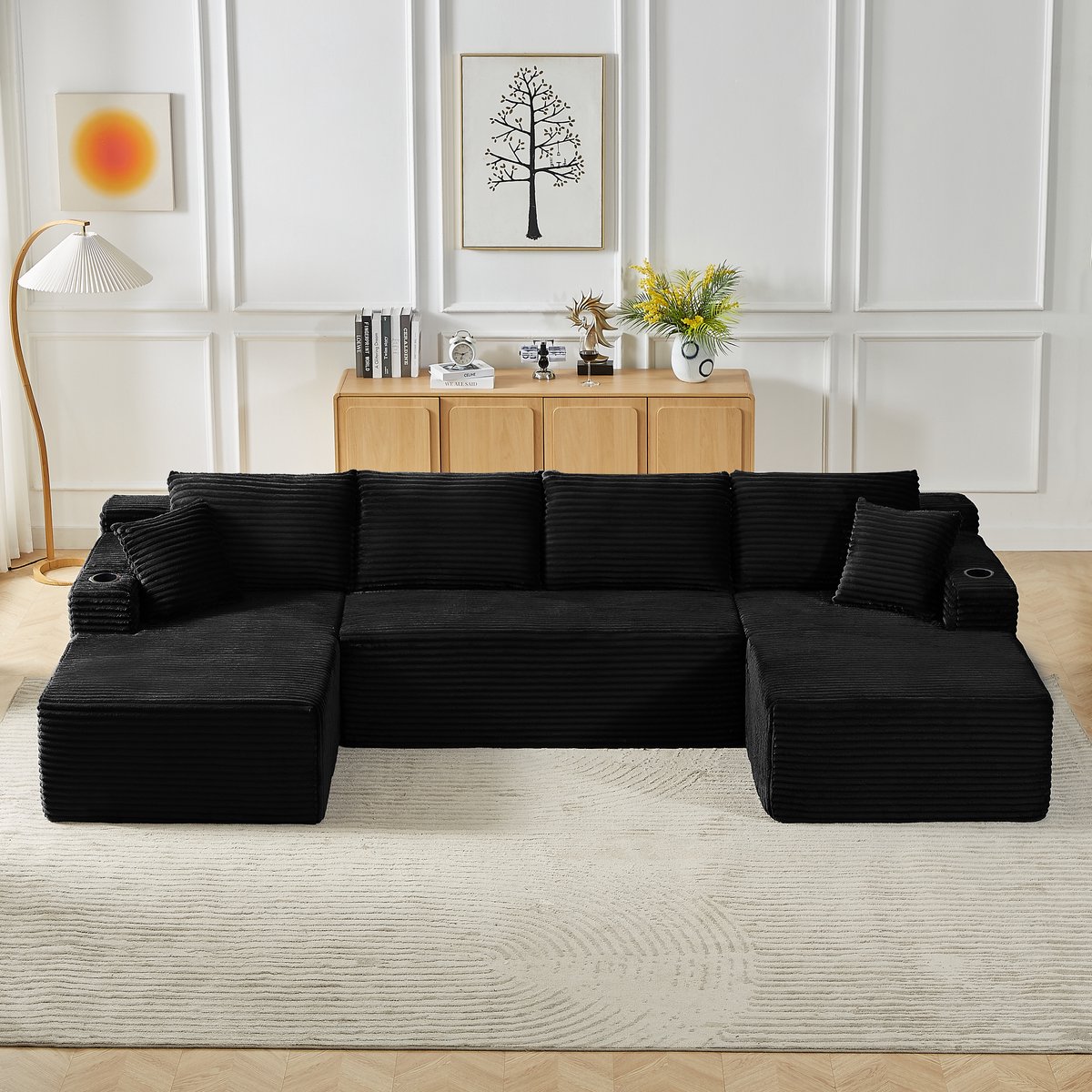 STILVORA U-Bank 6-Zits - Modulaire Diepe Zit Zonder Montage - Voor Woonkamer - Huidvriendelijke Cordstof - Donkergrijs