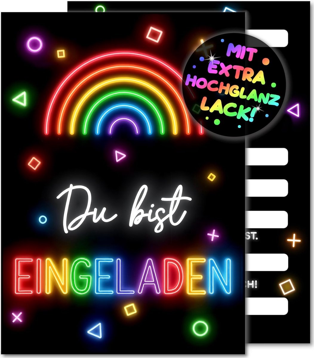 SnelShoppen - 12x Neon Party Uitnodigingskaarten voor Kinderen - Kleurrijke Feestuitnodigingen voor Jarigen, Tuinfeesten, Zwembadfeesten, Themafeesten