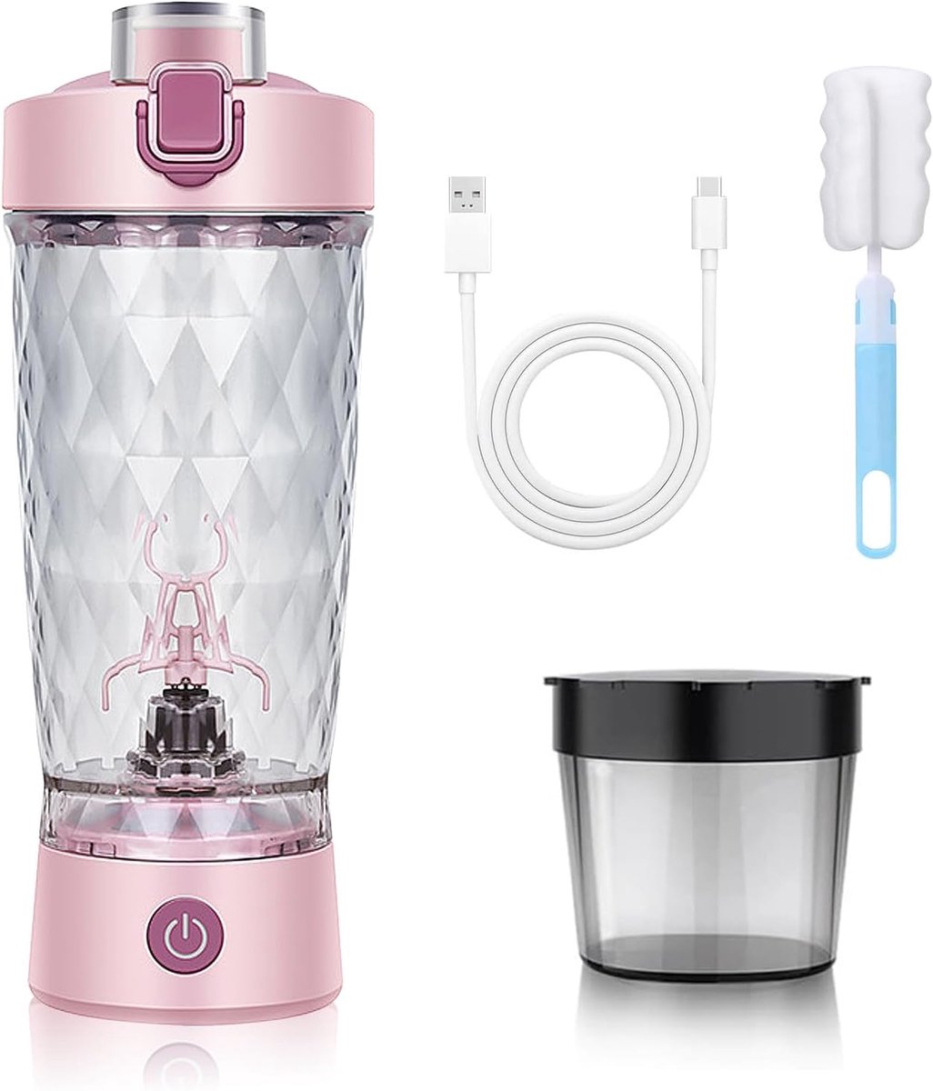 SnelShoppen - Elektrische Proteïneshaker 650 ml Draadloze Sportshaker met Mixfunctie, Automatische Mixbeker en Poederhouder, Roze - Voor Fitness, Spor