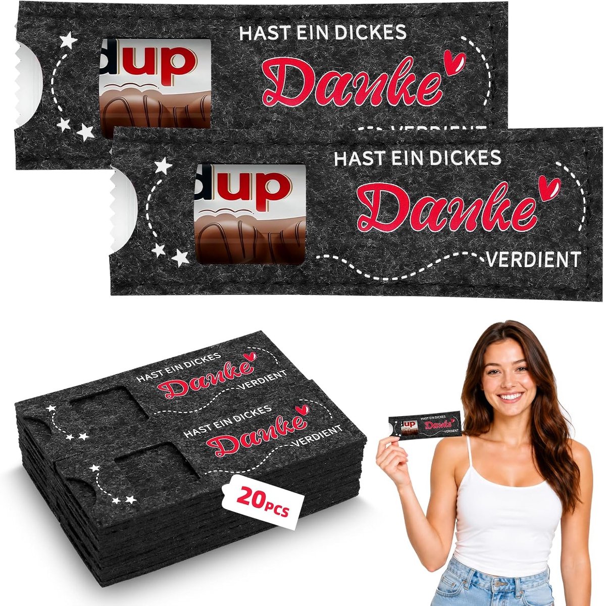 SnelShoppen - 20 stuks Vilten Chocoladehoezen 'HAST A DICKES Dank' - Persoonlijke Geschenken voor Bruiloft, Verjaardag, Afstuderen, Doop, Bedrijfsfees