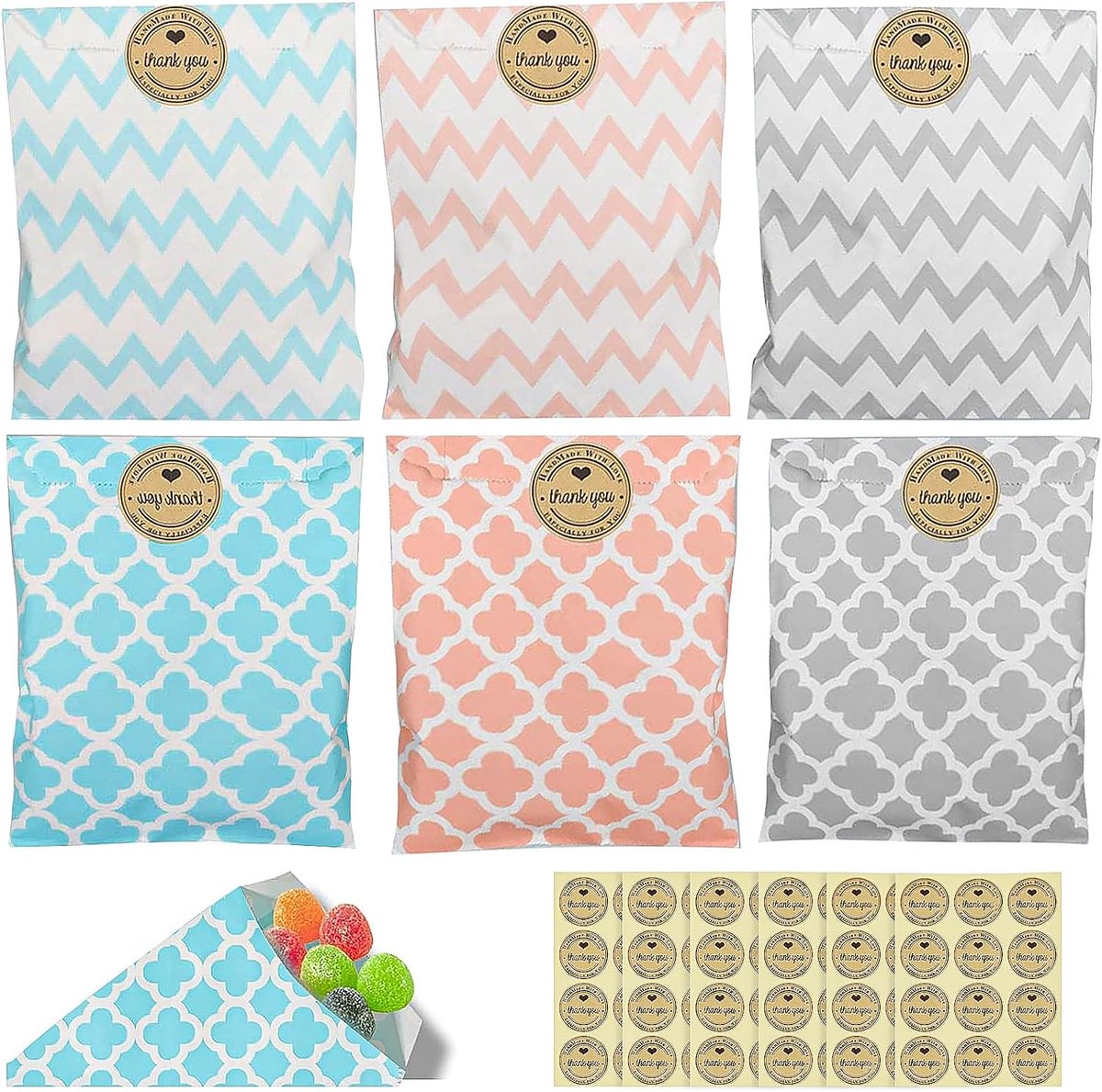 SnelShoppen - 60 Stuks Snoepzakjes Papieren Zakjes Cadeauzakjes Kraftpapier met 60 Etiketten, Ideaal voor Pasen, Bruiloft, Verjaardag en Feest, 6 Desi
