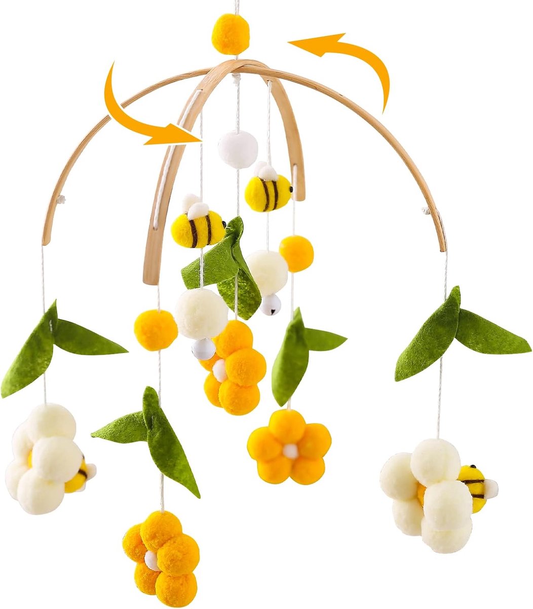 SnelShoppen - Mobiel voor Pasgeborenen van Hout met Vilten Ballen, Bijen en Bloemen - Decoratie voor Kinderen, Speelgoed voor Kinderkamer, Cadeau vana
