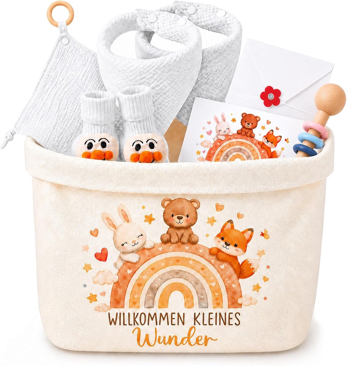 SnelShoppen - Babycadeauset Doop Jongen Pasgeborenen - Geschenkdoos Compleet met Knuffeldoek, Luiertas, Bijtring, Slabbetje en Sokken - Perfect Cadeau