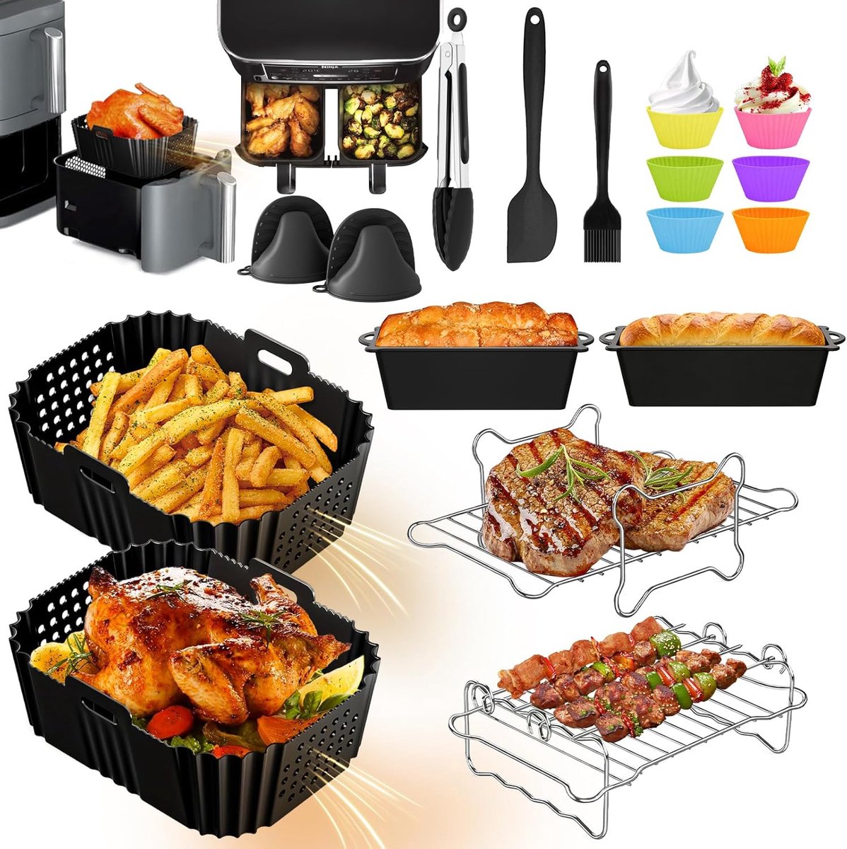 SnelShoppen - Accessoires voor heteluchtfriteuse, 21 stuks airfryer-accessoires voor 9,5L, siliconen bakvormen, roosters, reinigingsoplossingen voor k