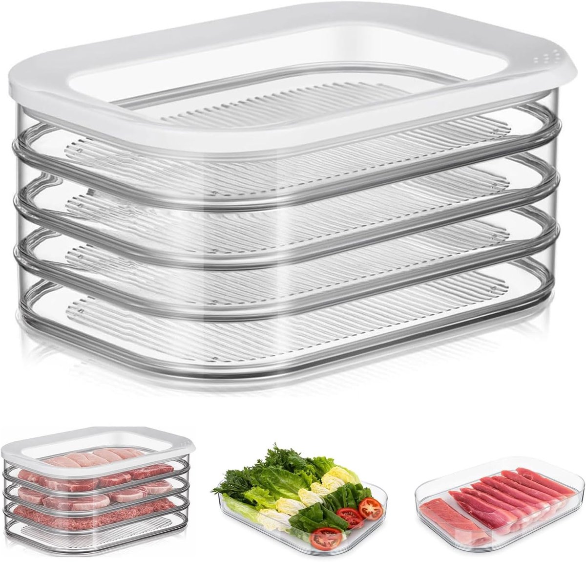 SnelShoppen - Koelkast Organizer 4-Lagen Opbergbox met Siliconen Deksel - Ideale Keuken Organizer voor Keukenkast en Koelkast - Ruimtebesparend en Pra