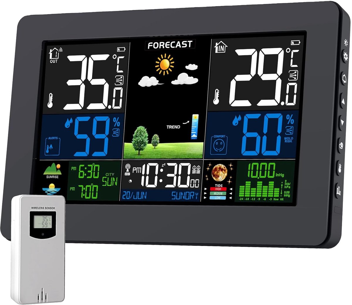 SnelShoppen - Draadloos Weerstation met Buitensensor, Kleurendisplay, Thermometer, Hygrometer, Weersvoorspelling, DCF-Radioklok, Batterij & Netvoeding