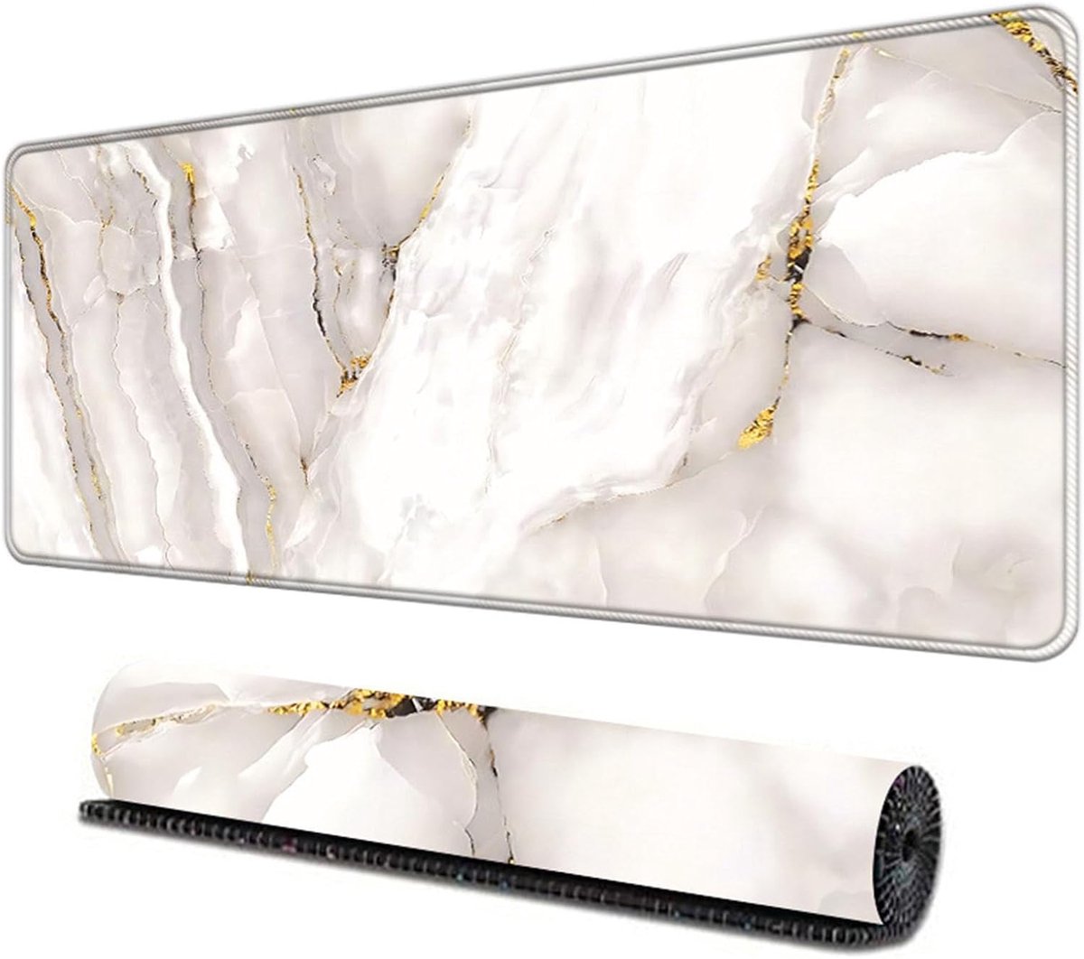SnelShoppen - Bureauonderlegger 90 x 40 cm - Antislip Muismat met Marmeren Design - Wit-Goud - Ideaal voor Gaming en Kantoorgebruik