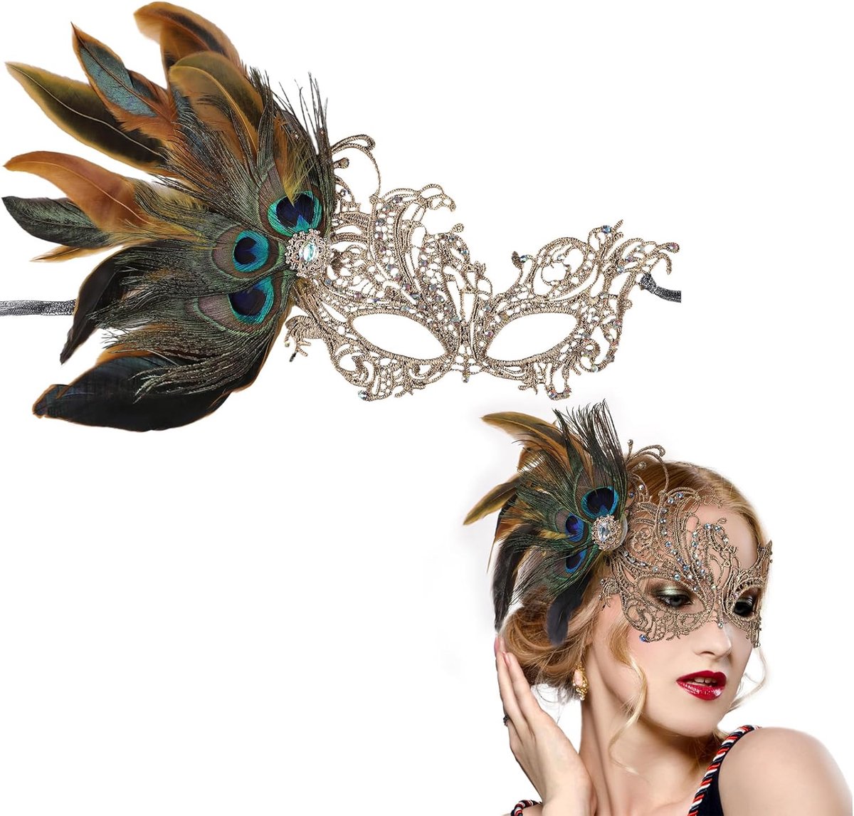 SnelShoppen - Kant Maskerade Maskers voor Vrouwen - 1920 Pauwenveren Venetiaans Masker voor Halloween, Koppels, Mardi Gras Ball, Luxe Feestaccessoire