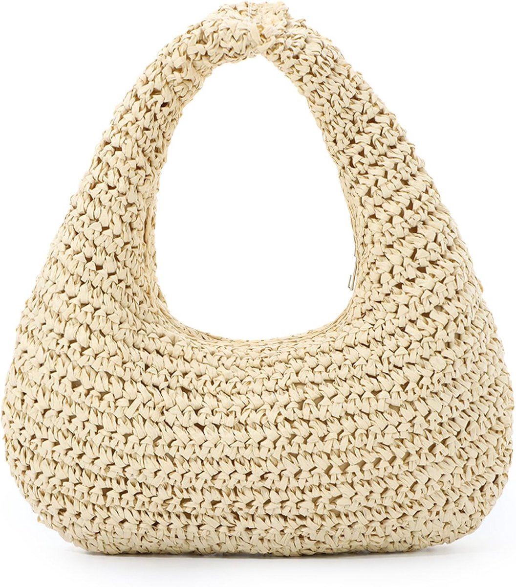 SnelShoppen - Fecialy Stro Tas Voor Vrouwen Halve Maan Schouder Handtas Raffia Geweven Hobo Bag Zomer Strand Tote Handtas - Perfect Voor Vakanties, Fe
