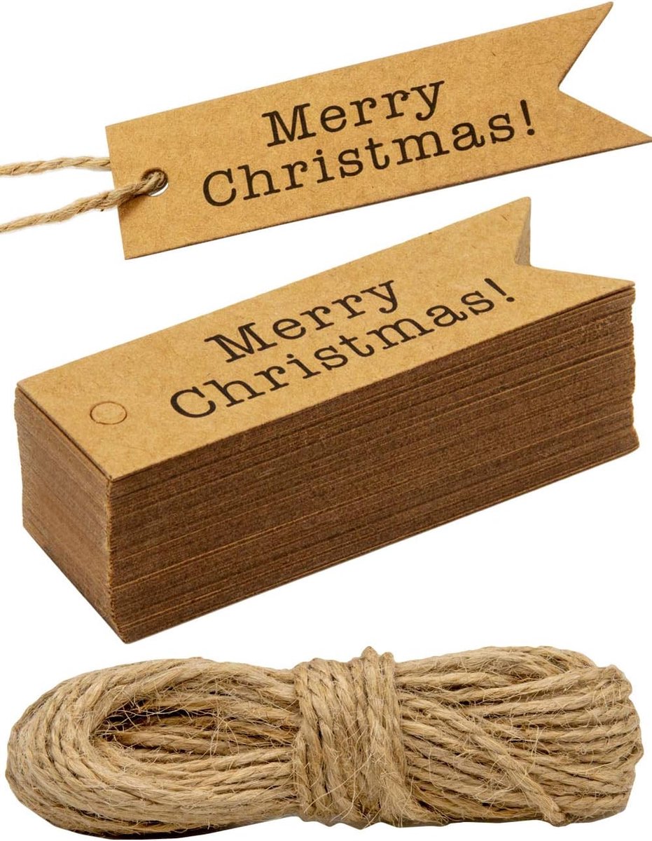 SnelShoppen - 100 Kraftpapier Cadeauhangers, Papieren Tags, Labels 7x2 cm met 10 m Jute Koord - Vrolijk Kerstfeest, Natuur Bruin voor Cadeauverpakking