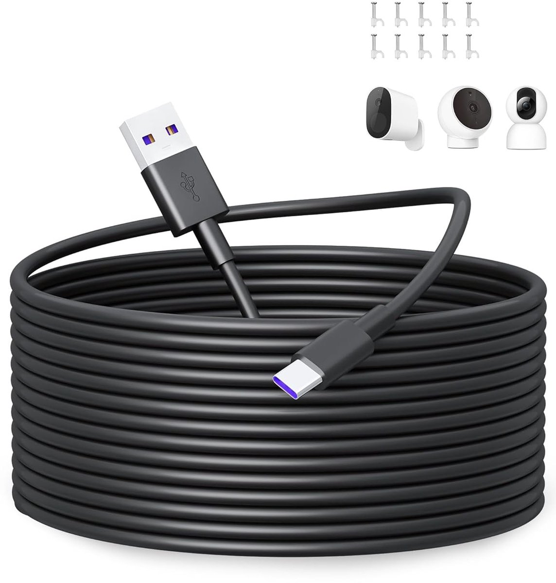 SnelShoppen - USB C Kabel 10m, Type C Oplaadkabel voor Beveiligingscamera's, Flexibel en Duurzaam, Inclusief 10 Nagelclips voor Eenvoudige Installatie