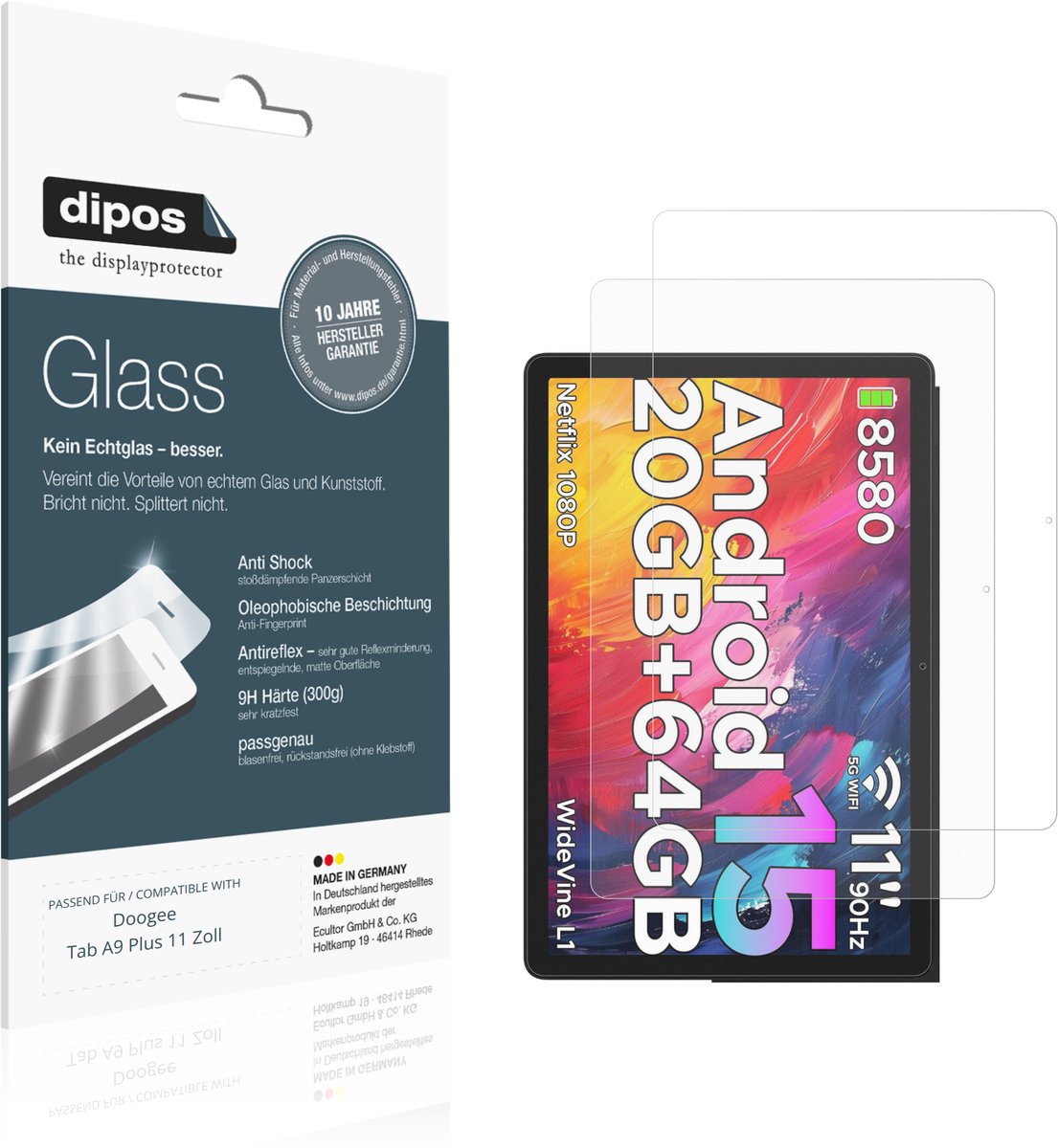 dipos – 2x Matte Pantserfolie geschikt voor Doogee Tab A9 Plus 11 Zoll | 9H Screenprotector