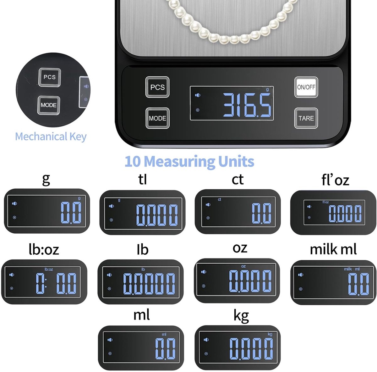 SnelShoppen - Waterdichte digitale keukenweegschaal 10 kg IPX67 met hoge precisie 0,1 g, roestvrijstalen weegplatform, USB C oplaadbaar, ideaal voor k
