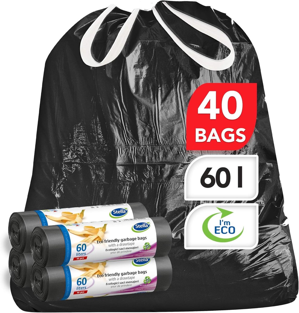 SnelShoppen - Vuilniszakken 60L Zwart, Milieuvriendelijk, Recyclebaar, Robuust en Flexibel, Pakket van 90 Stuks, Perfect voor Keuken, Tuin, Feest en C