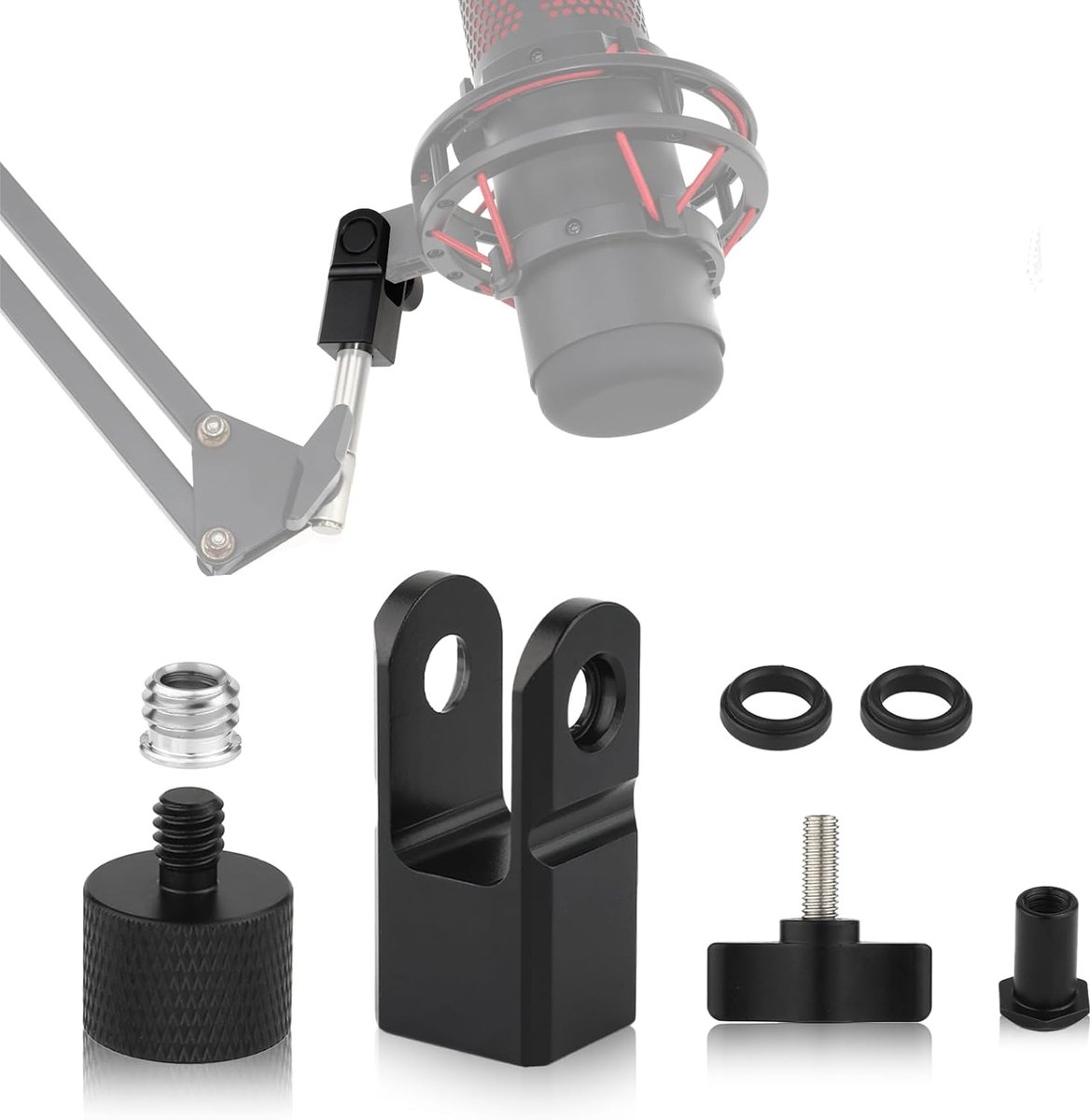 SnelShoppen - Microfoonbevestigingsadapter voor HyperX Quadcast met 3/8 Duim en 1/4 Duim Schroefadapter, Zwarte Metaal en Kunststof Microfoonclip, Inc