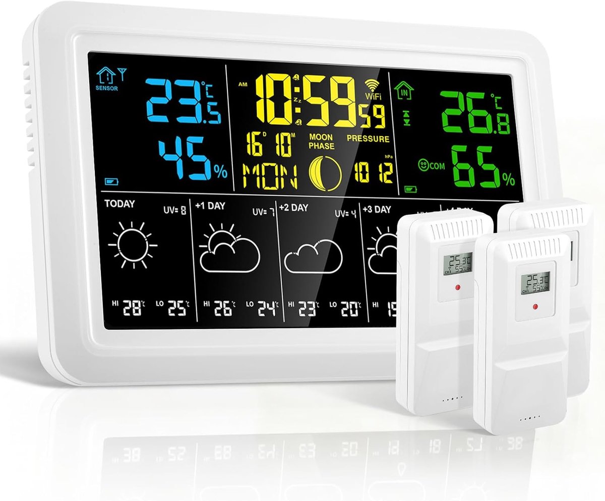 SnelShoppen - Weerstation Wifi met 3 Buitensensoren, 7,5 Inch DCF Ontvangst, Thermometer, Weersvoorspelling, Tuya-app, Radioklok, Binnen en Buiten