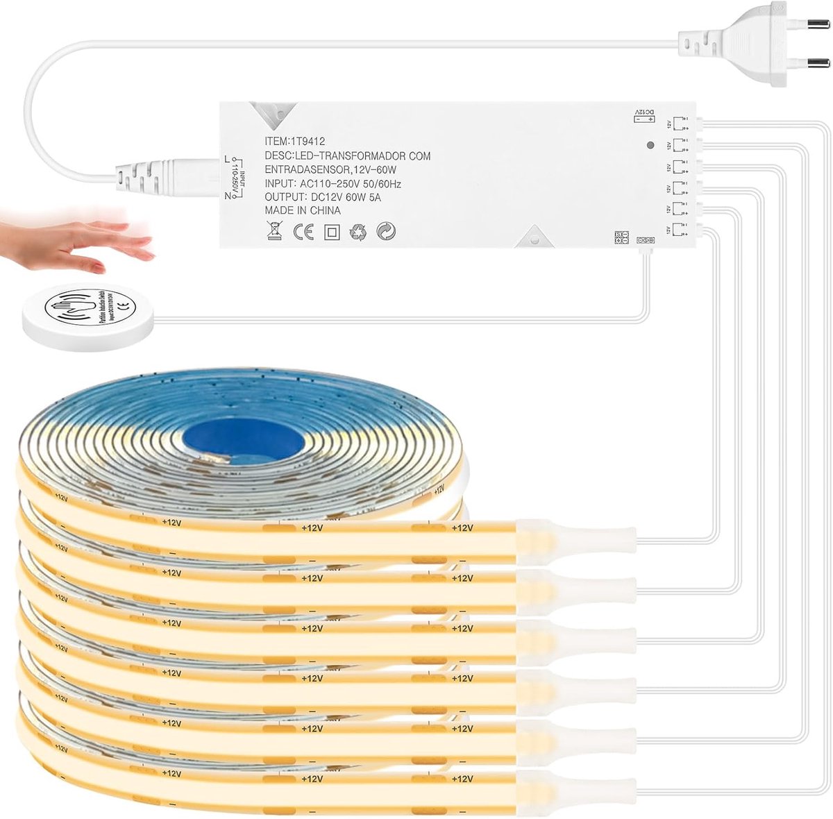 SnelShoppen - HOTUT COB LED Strip 6 stuks - Warm Wit 12V, Snijdbaar met Touch en Hand Sweep Dimmer voor TV Achtergrond, Kasten, DIY Decoratie