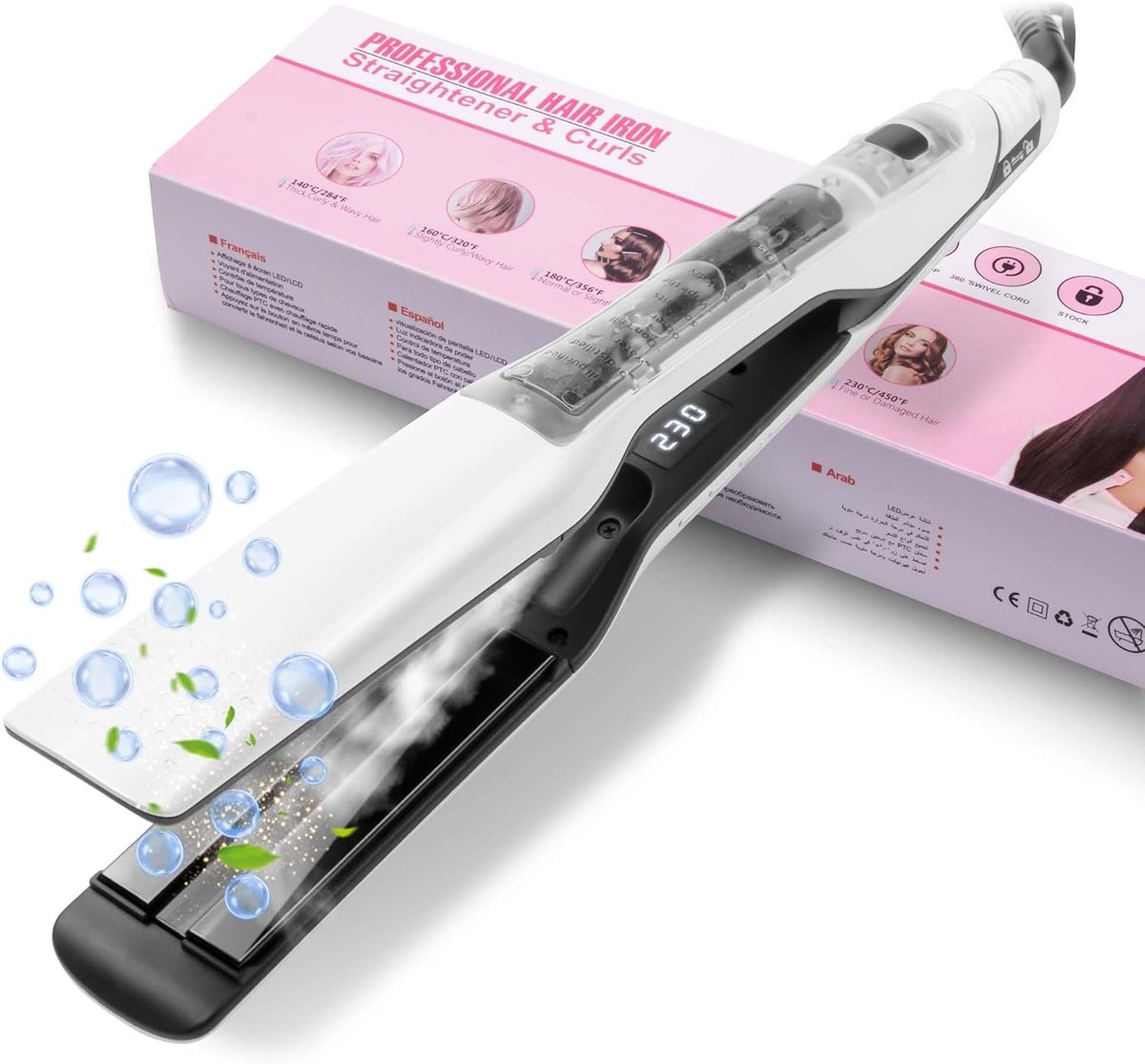 Thijox - Stoomstrijkijzer met LCD-display, 40 mm brede plaat, krachtige stoomstraal, voor alle haartypes, professioneel haarstyling, 100 °C - 230 °C
