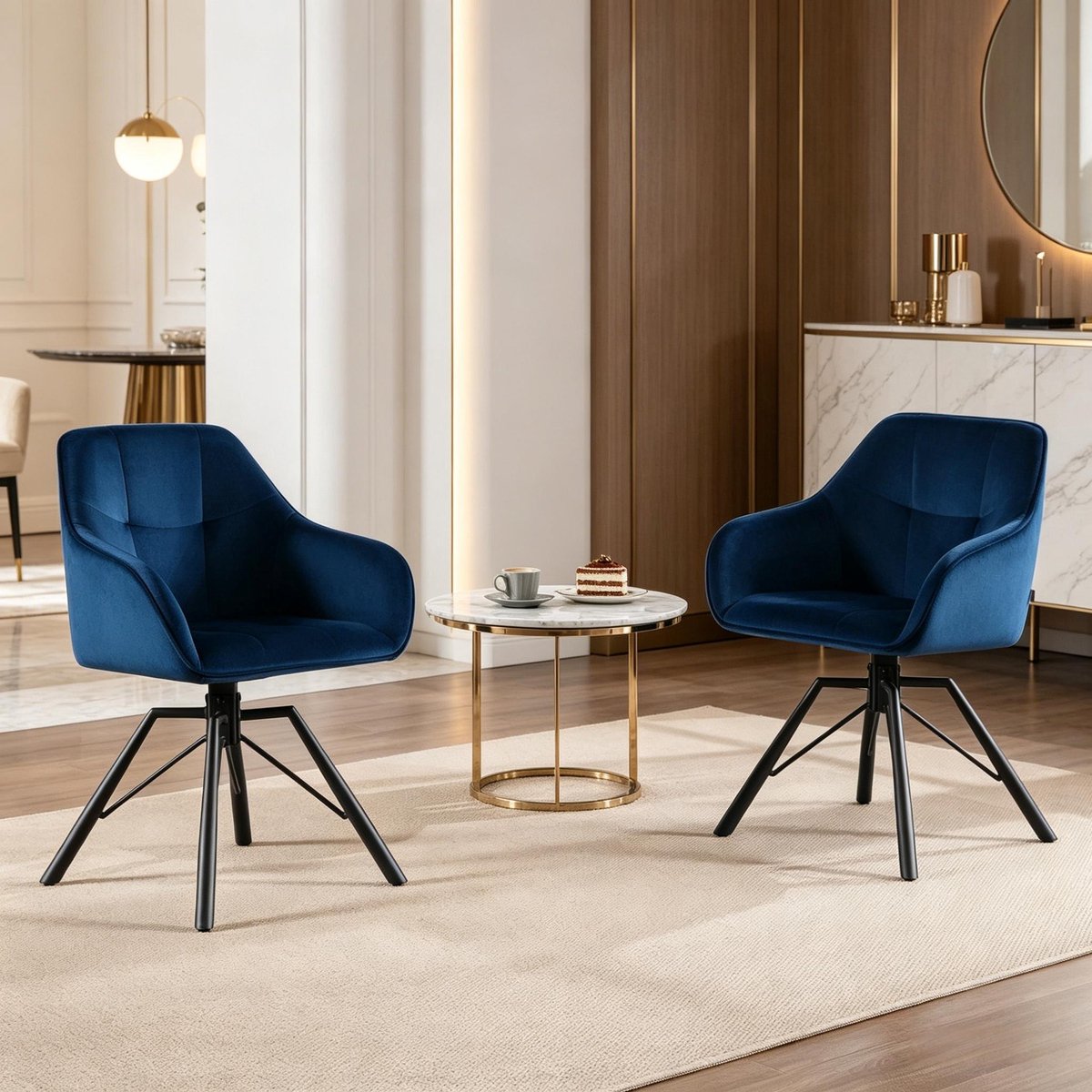 MEUNIQ draaibare eetkamerstoel set van 2, blauw velvet met armleuningen en rugleuning, 360