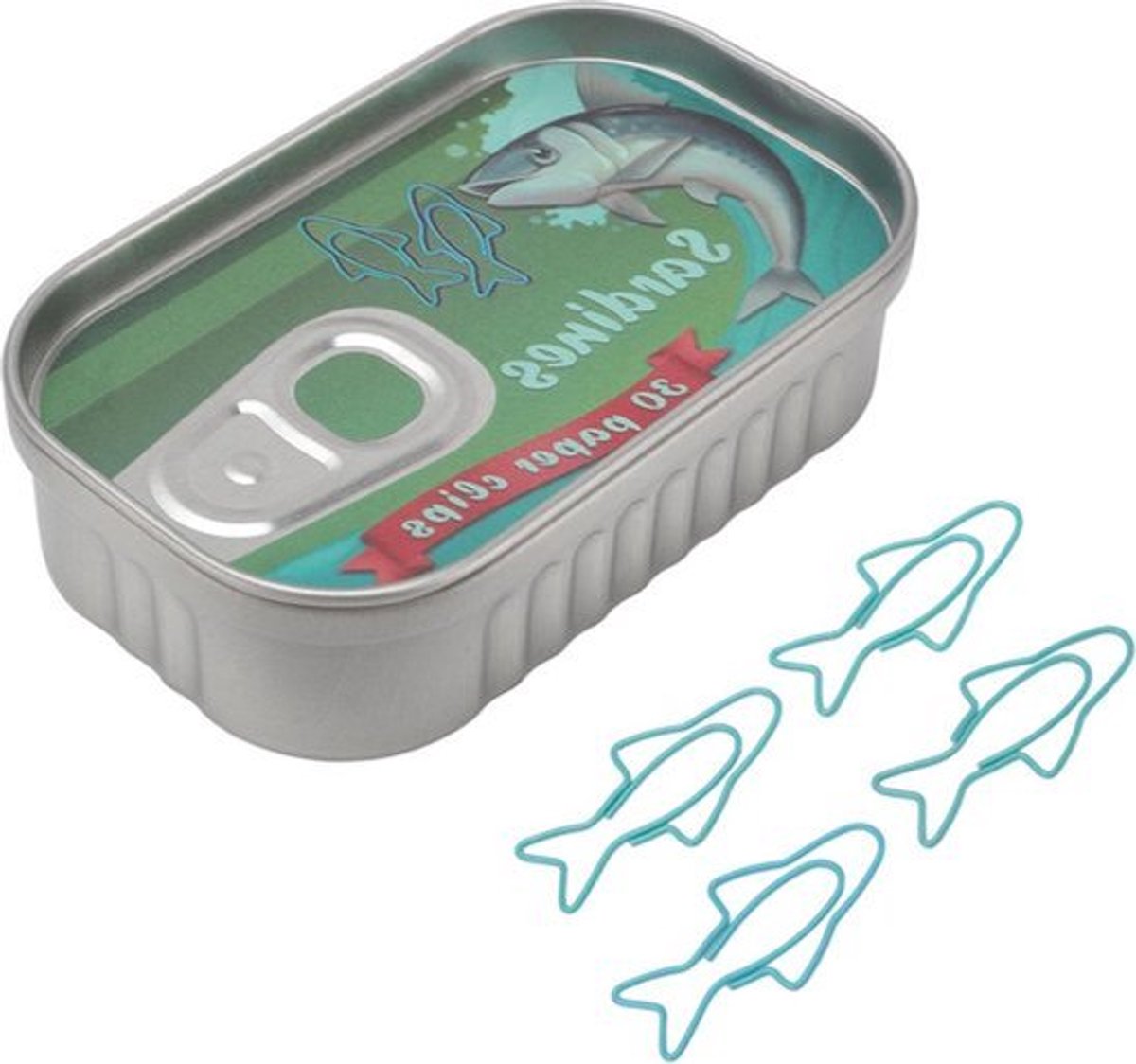 Visdesign blauwe en watergroene paperclips met afgeronde randen - veelzijdig gebruik in opbergdoos .