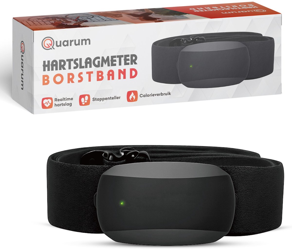 Quarum Hartslagmeter Borstband – Bluetooth Hartslagsensor met Stappenteller – IP67 – Verstelbaar 65-95 cm – Geschikt voor Hardlopen, Fietsen & Fitness – Zwart