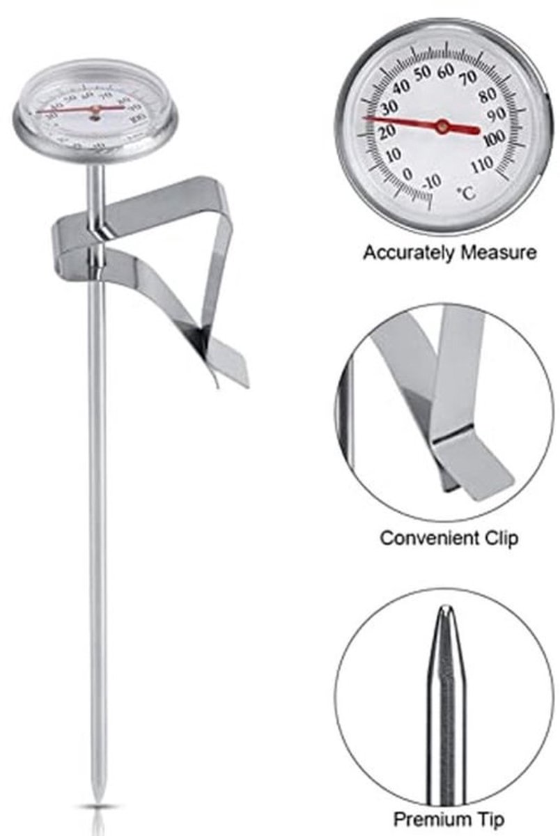 Roestvrijstalen Melkthermometer - Instant-afleeskoffiethermometer Met Clip - Temperatuurbereik -10 tot 100 Â°C