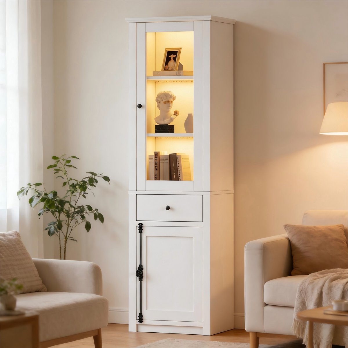 Wishdor - Vitrinekast - Hoge smalle opbergkast met 1 lade en 2 deuren - modern - woonkamer of eetkamer - houtlook en glas - wit - 55 x 40 x 200 cm