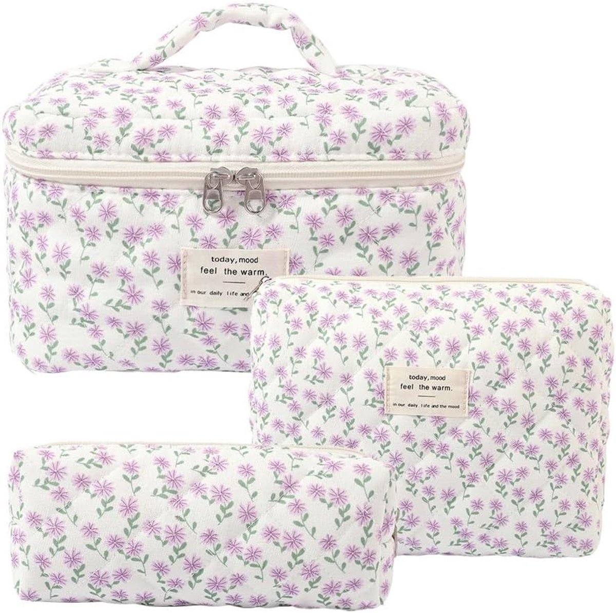 Thijox - 3-delige make-uptas en toilettas set voor dames met bloemenpatroon, zachte katoenen toilettassen voor meisjes, ideaal voor reizen, feest en d
