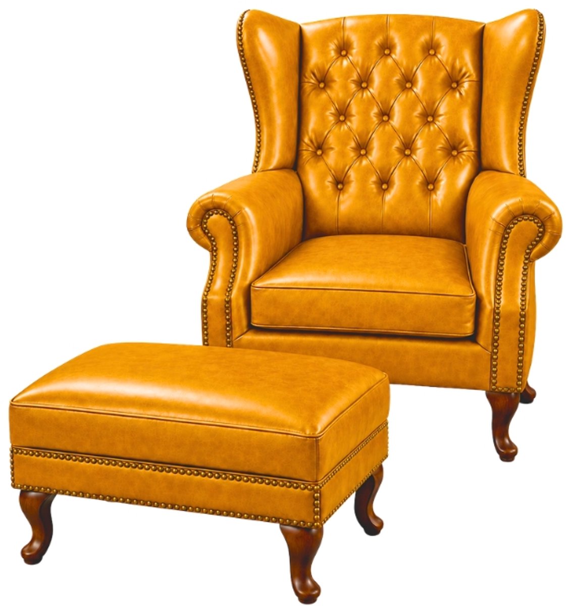 Chesterfield Fauteuil + Hocker - Cognac Oker Geel - Leer - Stoel Chesterfield - Arm Chair - Lounge Chair - Clubfauteuil - Relaxfauteuil - Loungestoel - Zetel