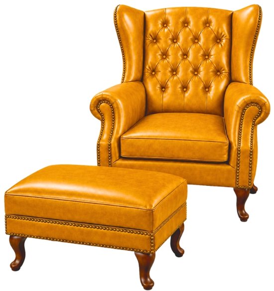 Chesterfield Fauteuil + Hocker - Cognac Oker Geel - Leer - Stoel Chesterfield - Arm Chair - Lounge Chair - Clubfauteuil - Relaxfauteuil - Loungestoel - Zetel