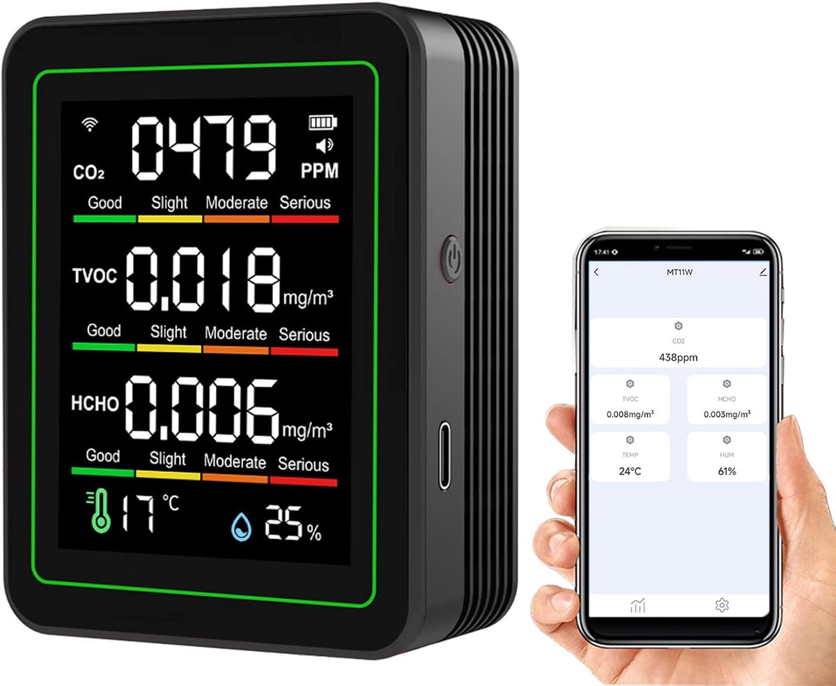 SnelShoppen - 5-in-1 Slimme Luchtkwaliteitsmonitor WiFi - TVOC, CO2, HCHO, Temperatuur, Luchtvochtigheid - Slimme Meter Voor Thuis en Kantoor met App