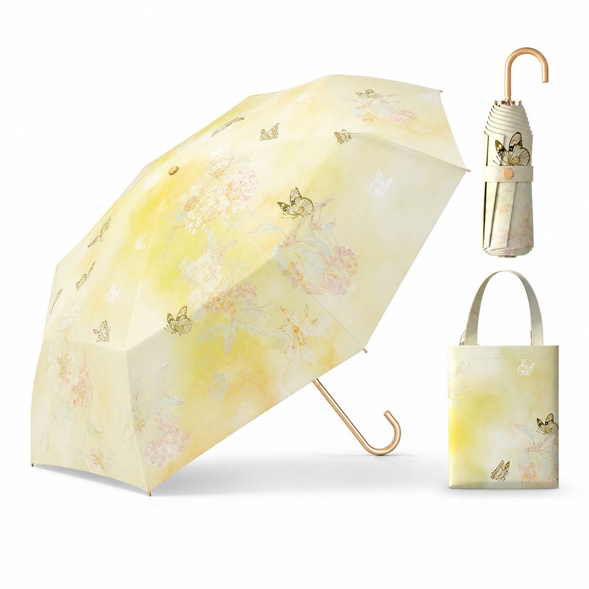 VHV-Bloemenparaplu met Gebogen Handvat - Compacte Opvouwbare Paraplu voor Dames - Stijlvolle UV-werende Parasol met Regen- en Zonbescherming - Windbestendige Paraplu - 99cm Diameter