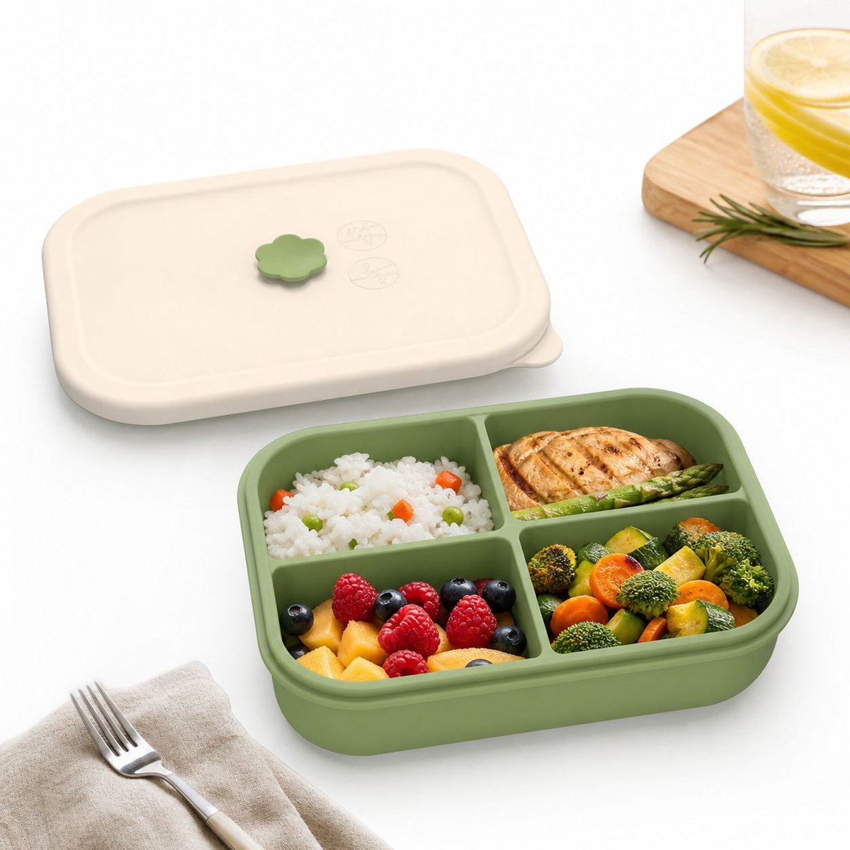 VHV - Broodtrommel - Lunchbox - Siliconen Lunchbox met 4 Vakken - Magnetronbestendige Broodtrommel - Luchtdichte Voedselcontainer - Lekvrij met Vacuüm-sluiting - 19x14x6 cm - BPA-vrij