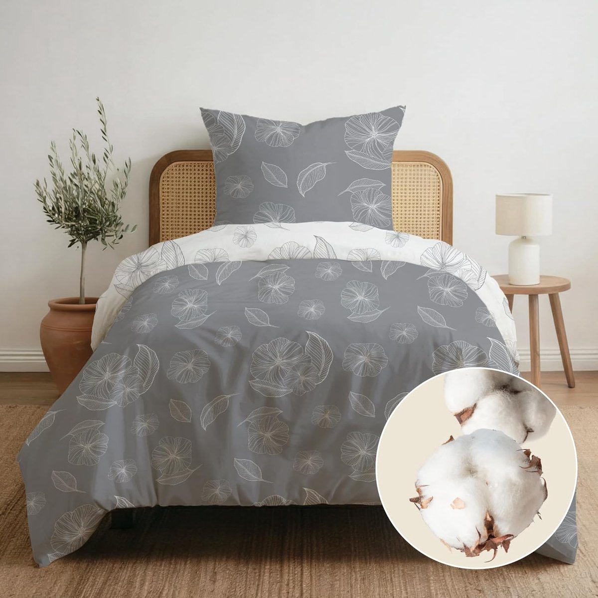 SnelShoppen - Duvet Cover 135x200 met Kussensloop 80x80 - Grijs Gingko Patroon - 100% Katoen Bedset - Oeko-Tex - Wasbaar tot 60°C - Eenpersoons Dekbed