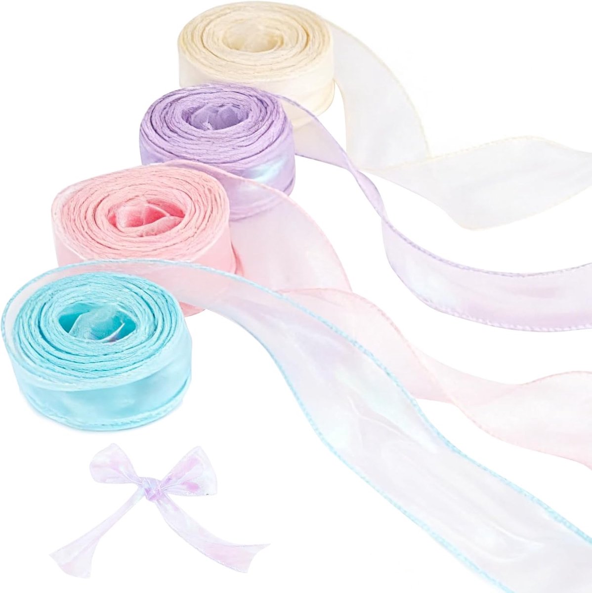SnelShoppen - 4 Rollen Glinsterend Chiffonlint Transparant Zijdelint 4 cm x 10 m - Iriserende Cadeaulinten voor Verpakking, Bloemstukken en Knutselen