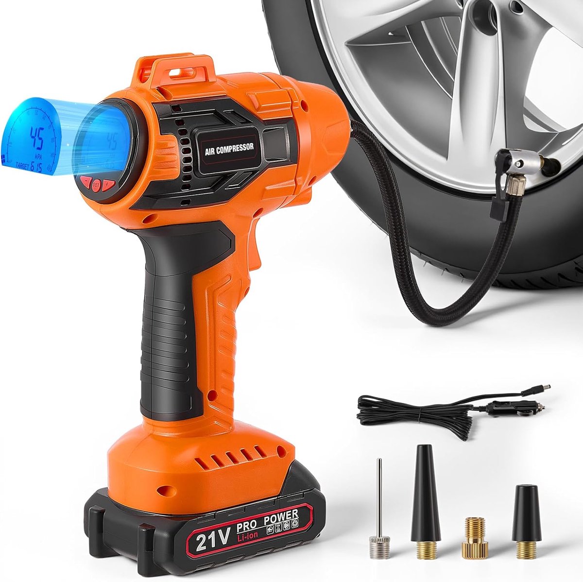 SnelShoppen - Draadloze luchtcompressor met digitale manometer voor auto, motor, fiets en sportballen - 21V, 180W, geel - Ideaal voor camping en onder