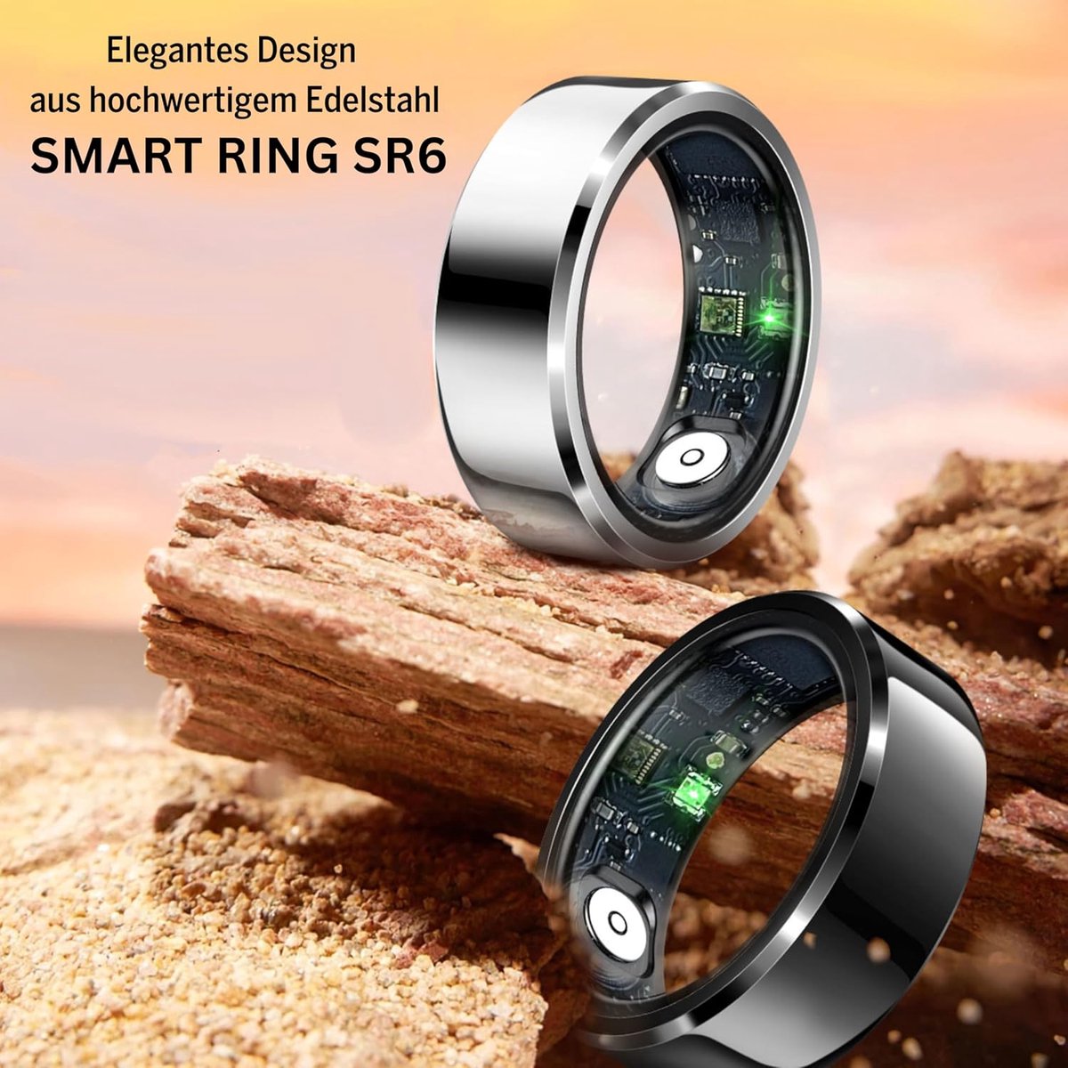 SnelShoppen - Slimme Fitness Ring SR6 - Zilver - Maat 9 (59.5 mm) - Hartslagmonitor, Bloeddrukmeting, Stappenteller, IP68 Waterdicht, Bluetooth, RVS,