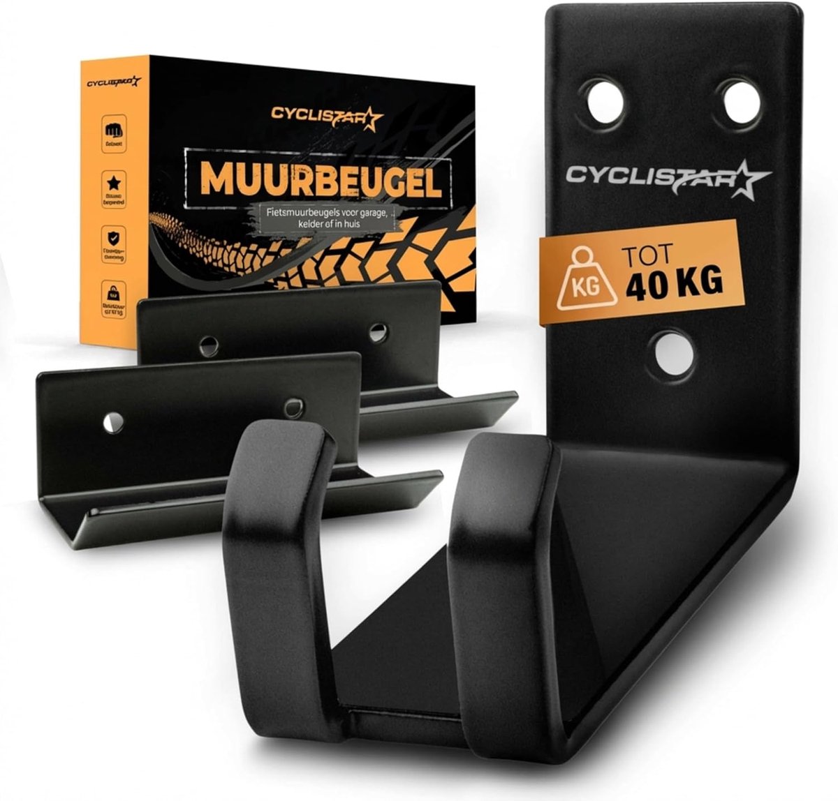 SnelShoppen - Fietsen Wandhouder Tot 40 kg - Robuuste Stalen Muurbeugel Voor Mountainbike, Racefiets, E-bike - Inclusief 2 Steunbeugels - Ideaal Voor