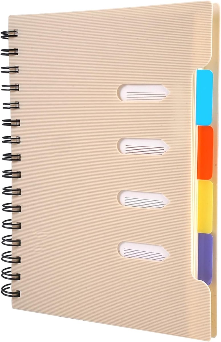 SnelShoppen - A5 Notitieboek met Register, Gelinieerd Notitieboek met Verwijderbare Verdelers in 4 Kleuren, 105 Vellen, Spiraalvormig Notitieblok met