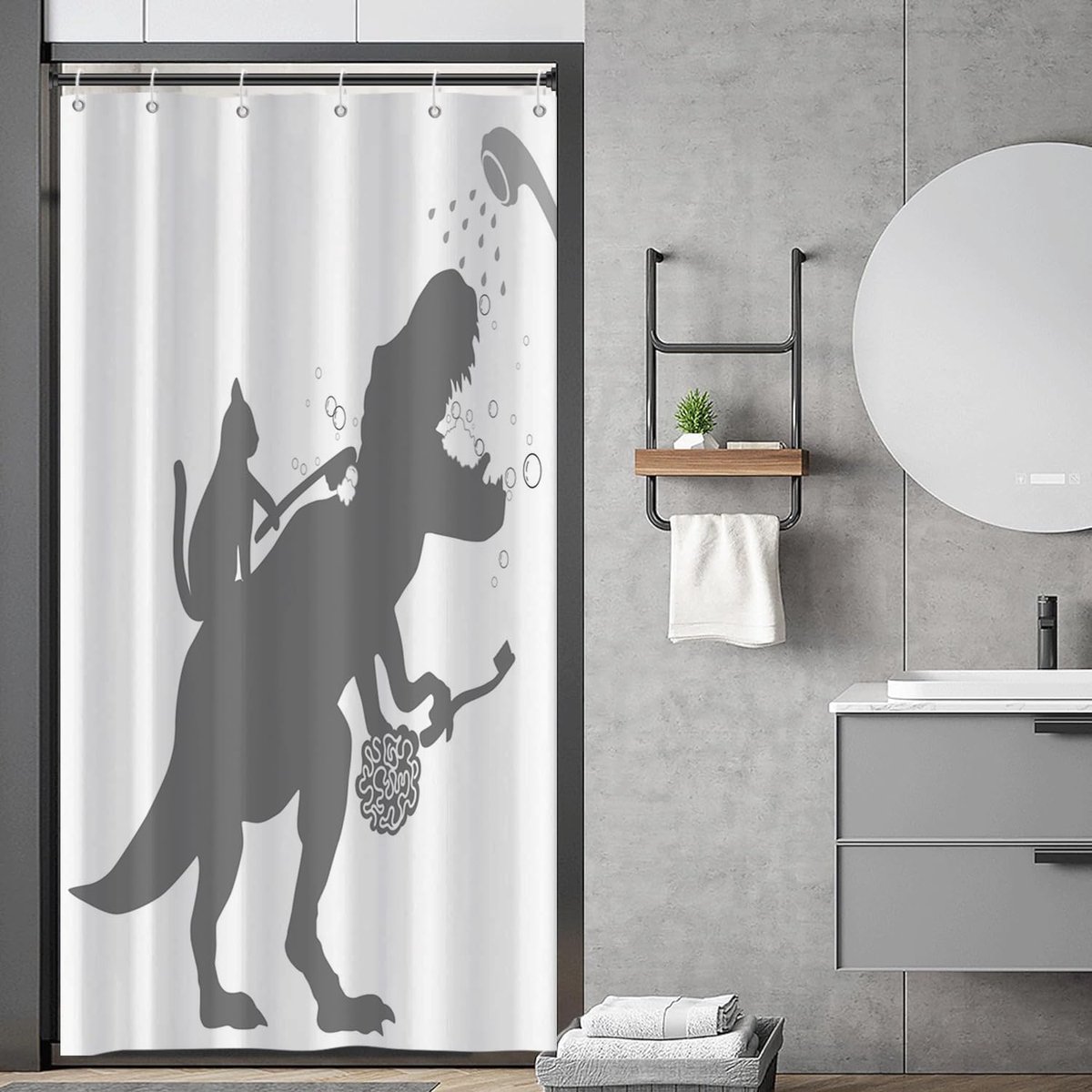 SnelShoppen - Grappige Douchegordijn 90x180 cm, Kat Helpt Dinosaurus, Zwart-Wit Silhouet, Waterproof Polyester, Kindvriendelijk, Wasbaar, Inclusief Ha