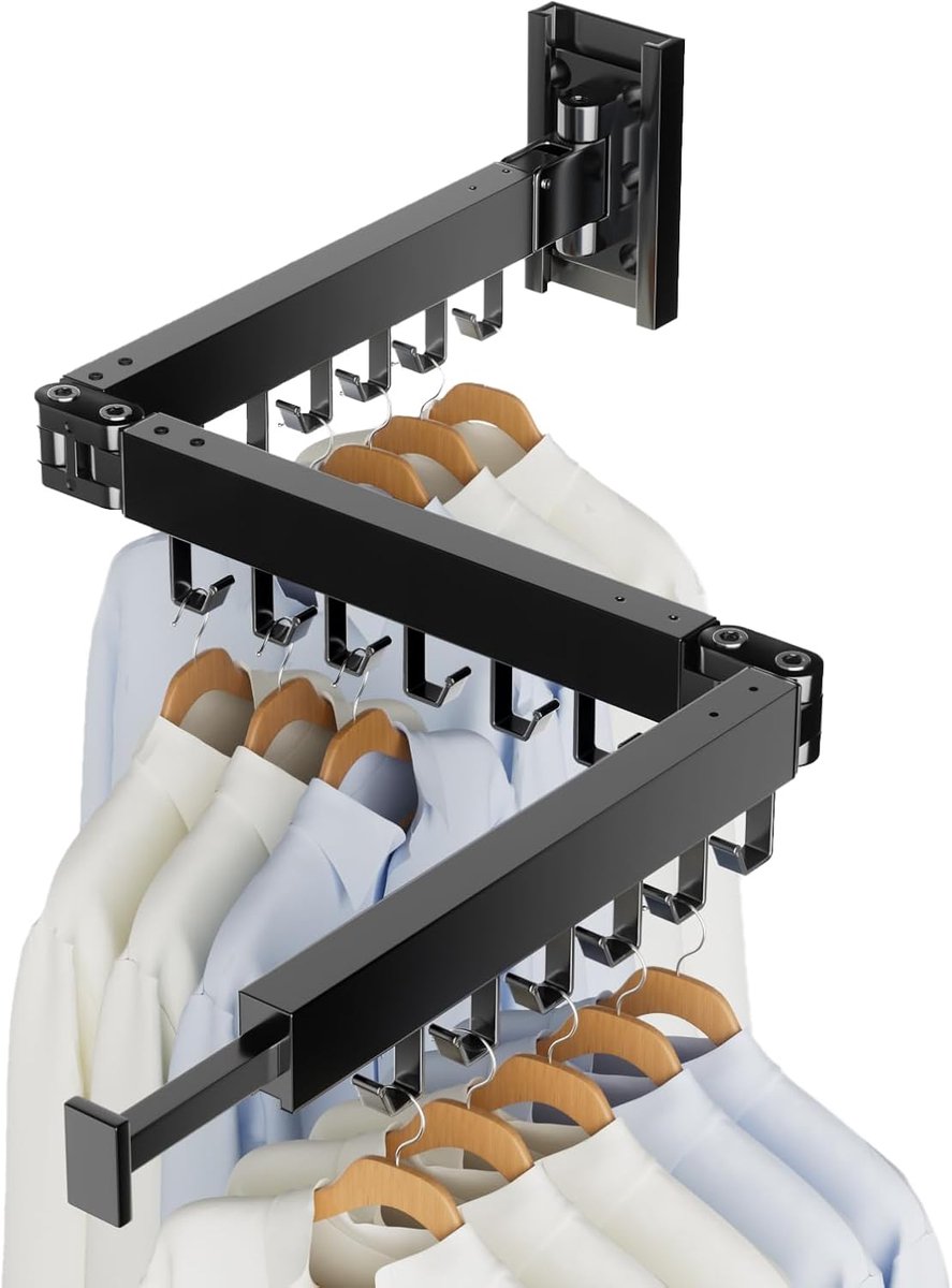 SnelShoppen - Vouwbare Wandwasdroger Aluminium Buitenwasdroger 3-Piece Uittrekbare Wasrek voor Badkamer en Tuin Zwart
