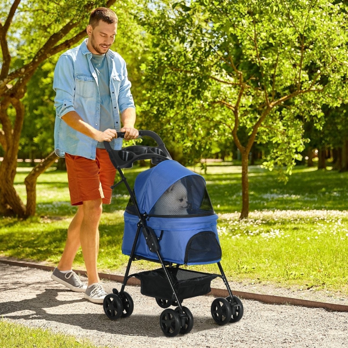 FloraGrace Dierenbuggy – Opvouwbaar – 67 x 45 x 96 cm – Oxford Stof – Blauw – Met Dubbele Wielen En Rem Voor Kleine Honden