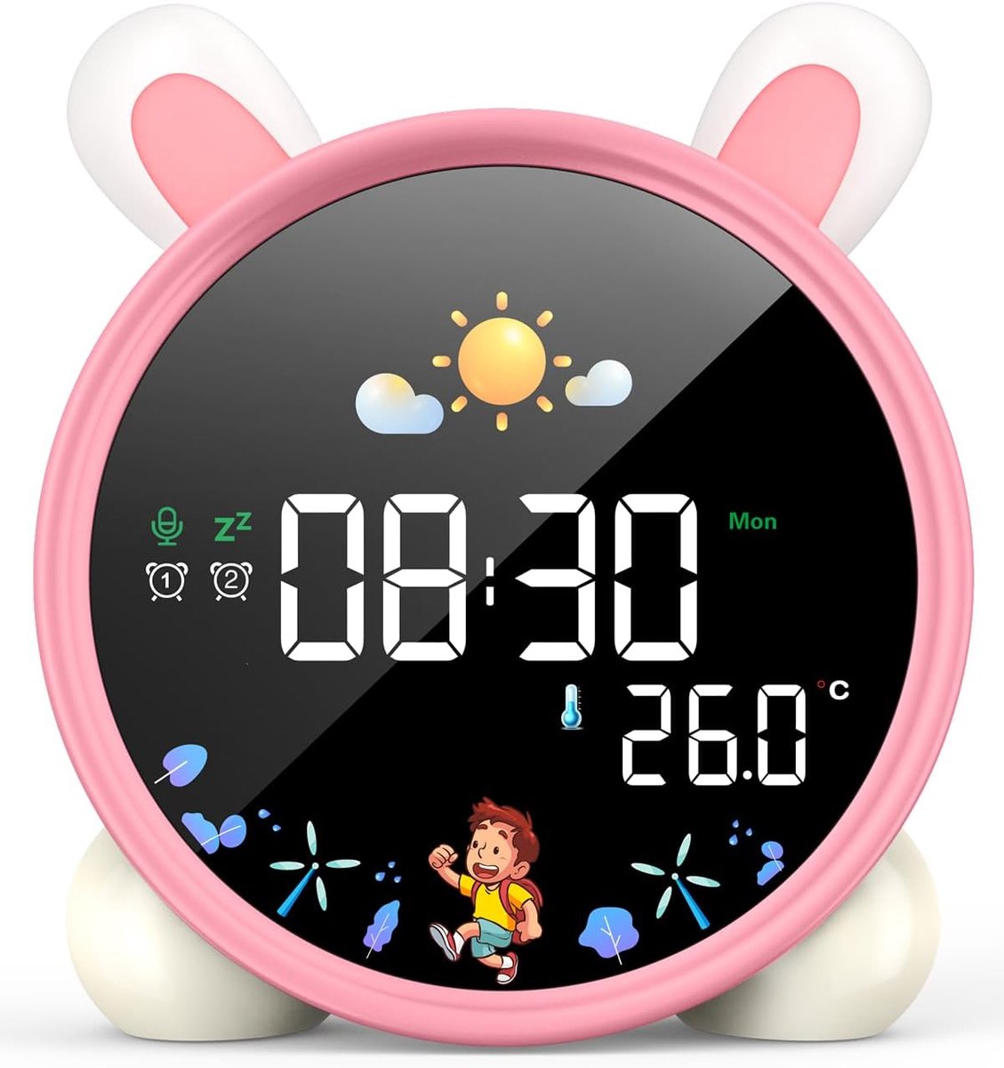 SnelShoppen - LEMNOI Educatieve Kinderwekker met Nachtlamp, Dubbele Alarmfunctie, 5 Kleurige LED Verlichting, Muziek, Temperatuurweergave en Snooze Fu
