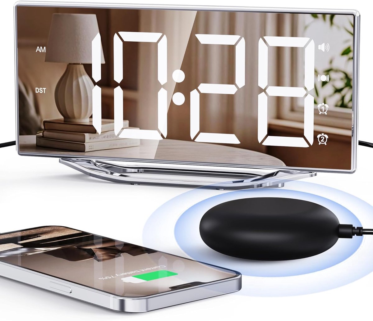 SnelShoppen - Digitale Spiegel Wekker met Vibratie, Grote LED Display, Luide Alarm voor Diepe Slapers, Snooze Functie, Dubbele Alarm, USB Aansluiting,