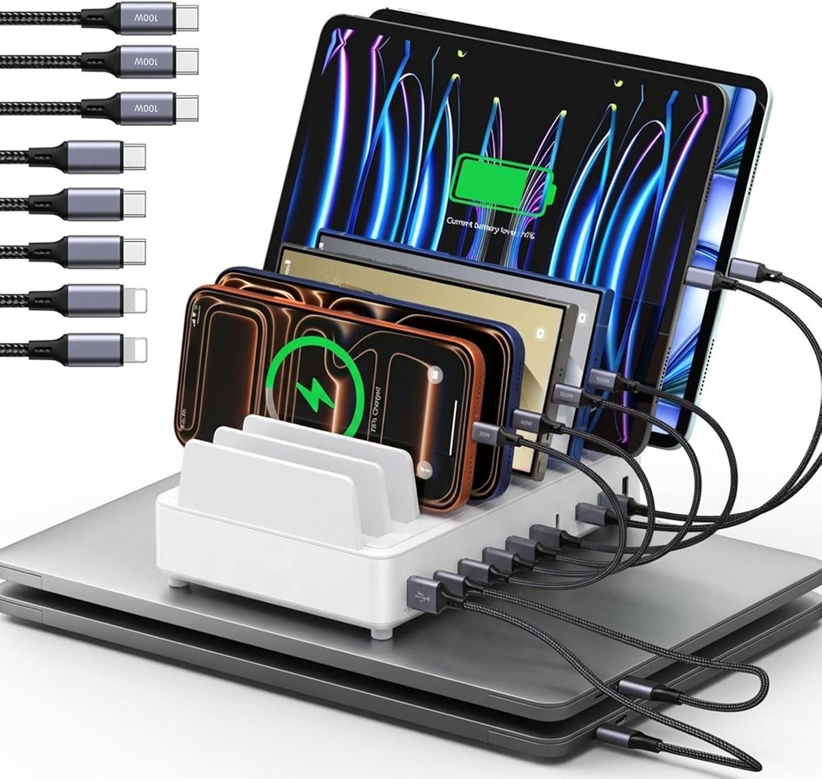SnelShoppen - 420W Multi Device Charging Dock, USB-C & USB-A Oplader met 10 Poorten, Snellader voor MacBook, iPhone, Galaxy - Wit