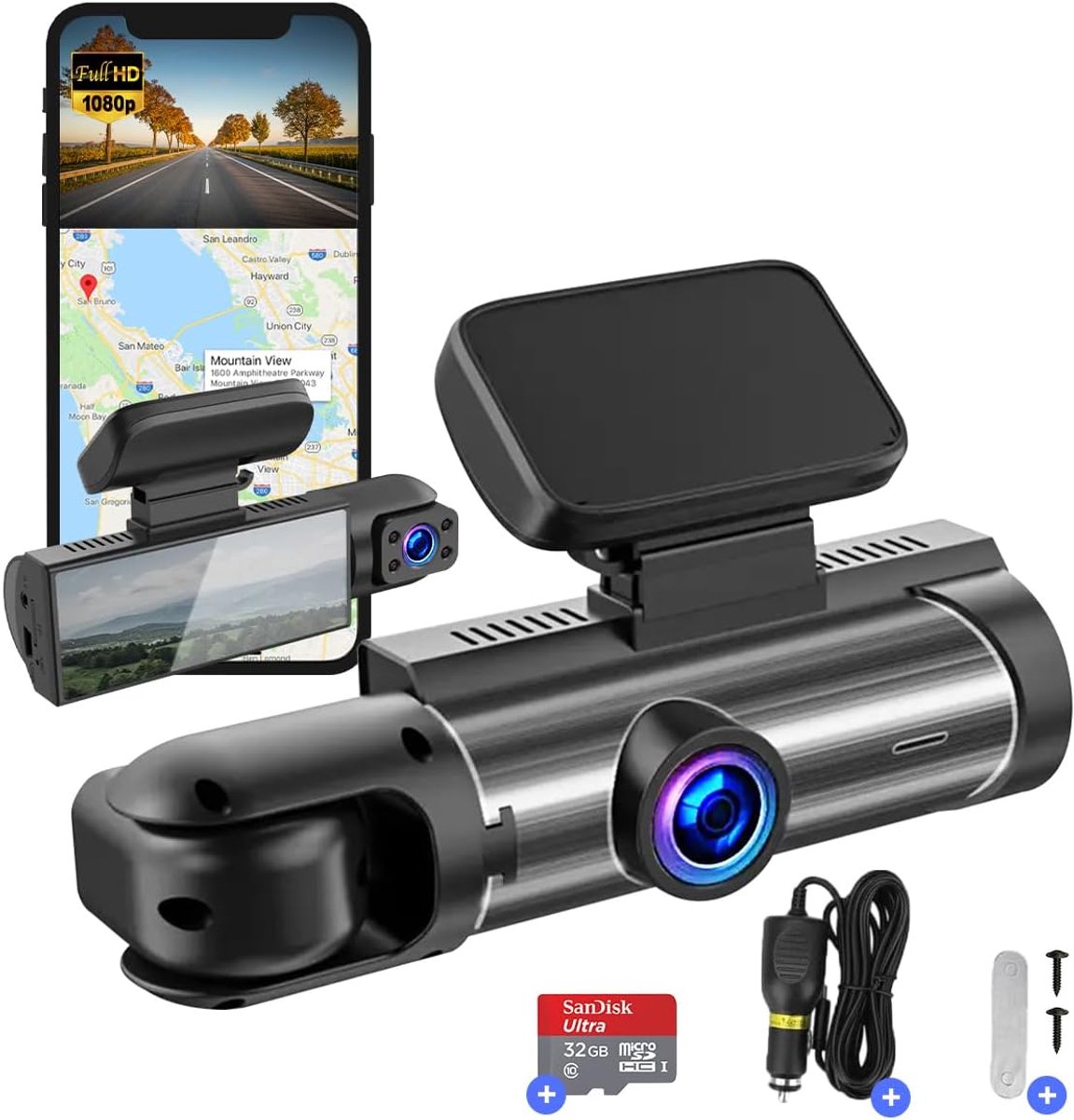 SnelShoppen - Fleau Tech Dashcam voor Auto - Full HD Dual Lens Autorij Recorder met WIFI, App, Bewegingsdetectie, Parkeerstand, G-Sensor, 170° Grootho