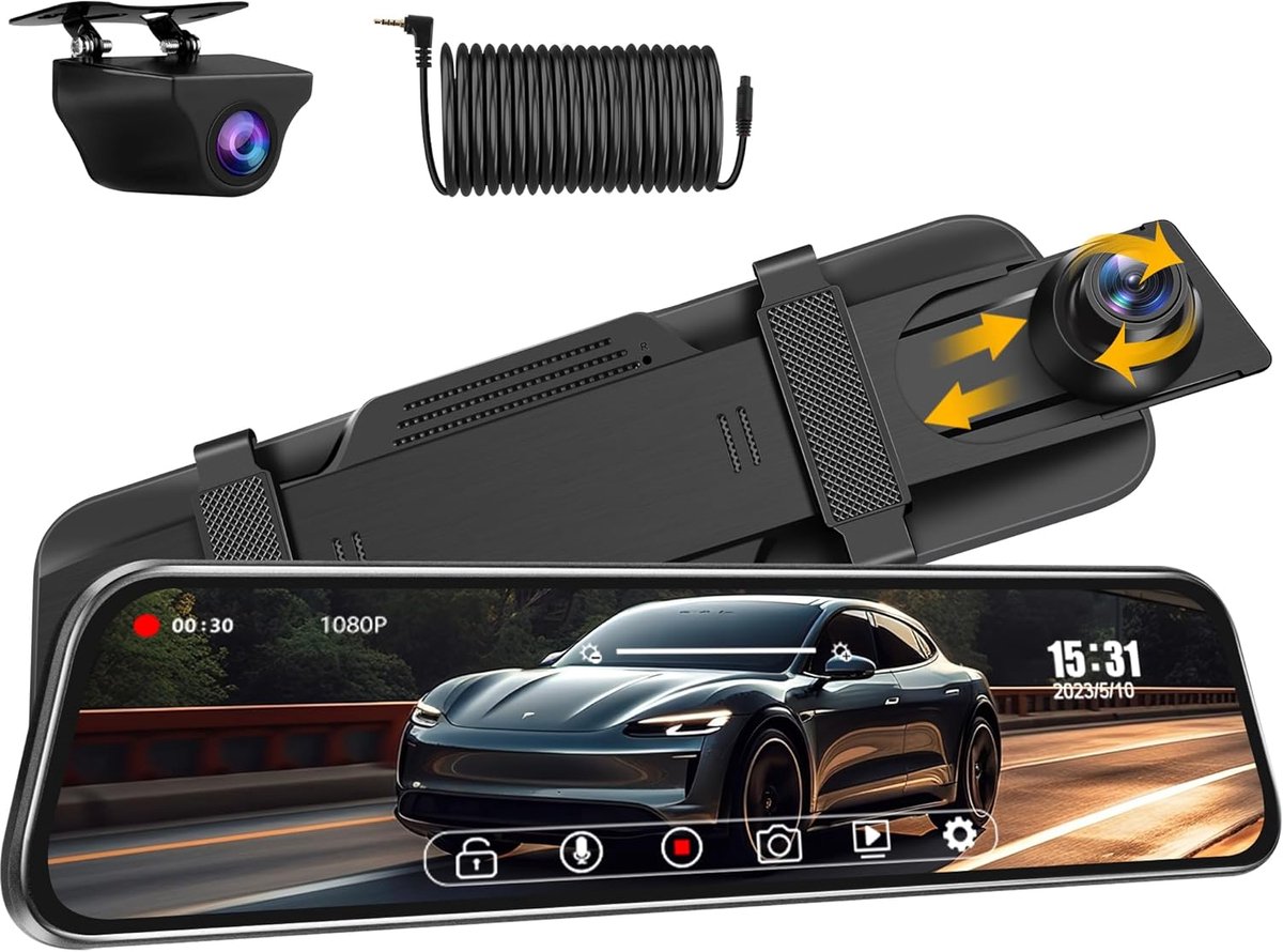 SnelShoppen - Dual 1080P Mirror Dashcam met Achteruitrijcamera 10-Inch IPS Touchscreen, 170° + 140° Hoek, Nachtzicht en Waterdicht - Auto Camera Voor