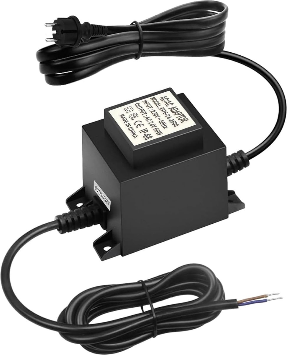SnelShoppen - LED Transformer 24V AC/AC 60W Buiten Stekkertransformator IP68 Waterdicht voor Tuinverlichting en Vijverpompen